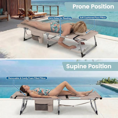 Giantex 2-Pack Tanning Chair with 5 Adjustable Position, Face & Arm Hole, Hand/Shoulder Strap, Removable Pillow, Side Pocket, 330 Lbs Capacity, Lounge Chair Outdoor for Beach Sunbathing, Beige