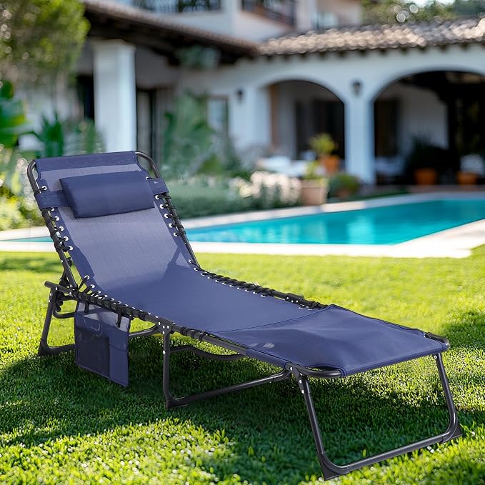 Unovivy Tanning Chairs with Face Hole Set of 2, Patio Lounge Chairs with 5-Position Reclining Back, Portable Folding Outdoor Lounge Chair for Sunbathing, Pool, Patio, Camping
