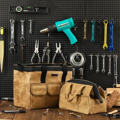 Tool Bag, 15-inch Heavy Duty Wide Mouth Water-Resistant Tool Pouch, Tool Tote with Handle for Tools, Wrenches, Screwdrivers (15 X 7.8 X 11.5 inch) | Khaki