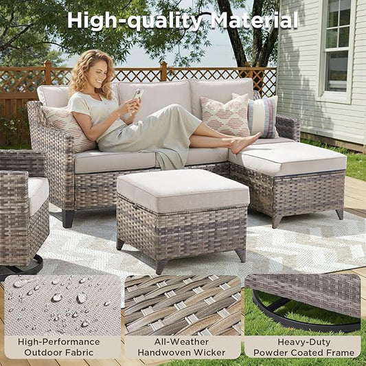 Buenhomino 3 Pieces Patio Furniture Sofa Set-Outdoor Wicker Patio Furniture Covered Couch with Multifunctional Ottoman and All-Weather Patio Conversation Set for Backyard Porch Garden Grey/Beige