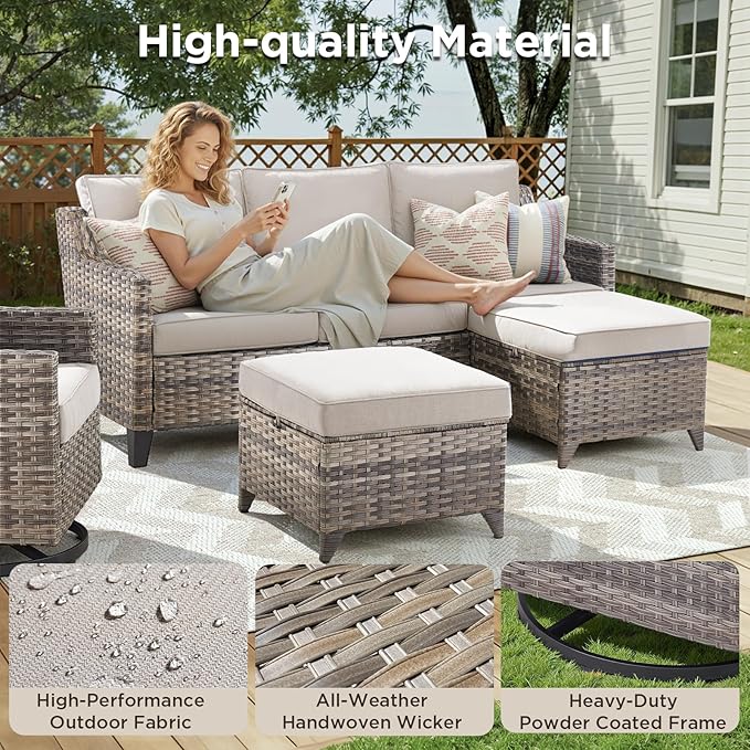 14 Piece Patio Furniture Set-High Back Outdoor Furniture Set Sectional Sofa with Wicker Swivel Patio Chairs,Comfy Cushions Ottomans for Porch Balcony Patio Deck Grey/Beige