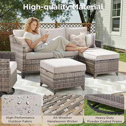 14 Piece Patio Furniture Set-High Back Outdoor Furniture Set Sectional Sofa with Wicker Swivel Patio Chairs,Comfy Cushions Ottomans for Porch Balcony Patio Deck Grey/Beige