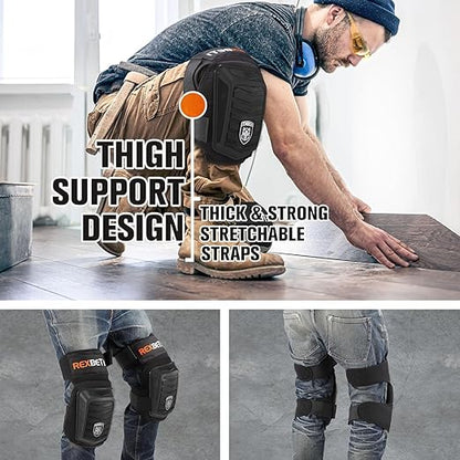 REXBETI New Upgraded Knee Pads for Work, Construction Knee Pads for Men, Heavy Duty Comfortable Anti-Slip Foam Gel Knee Pads for Gardening Flooring and Cleaning, Extra 4 Extension Straps, Black