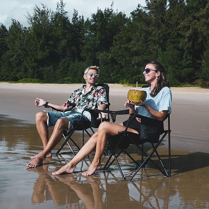KingCamp Oversized Heavy Duty Camping Chairs 2 Pack, Padded Compact Folding Portable Chair with Cooler Cup Holder Side Pocket for Outdoor Sports Lawn Backyard Backpack Supports 300 lbs, Blue