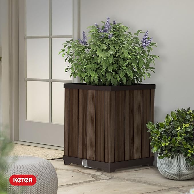 Keter Signature 21.6 Inch Tall Square Large Wood Look Planter for Indoor or Outdoor Flower Pot Ideal for Patio Deck and Front Porch Decor, Rosewood
