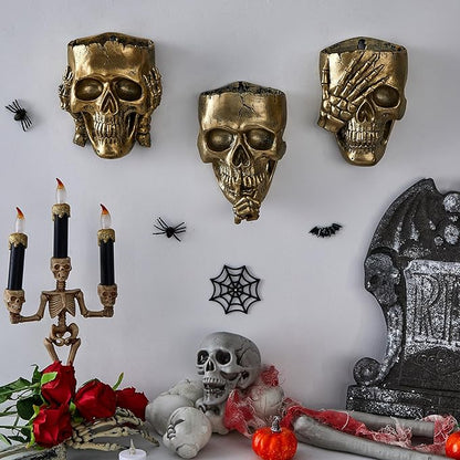3 Pcs Skull Planter Skeleton Wall Hanging Planter Pot Gothic Spooky Head Face Flower Pot Garden Decor for Festival Party Indoor Outdoor Plants Home Garden Office Decorations(Gold)