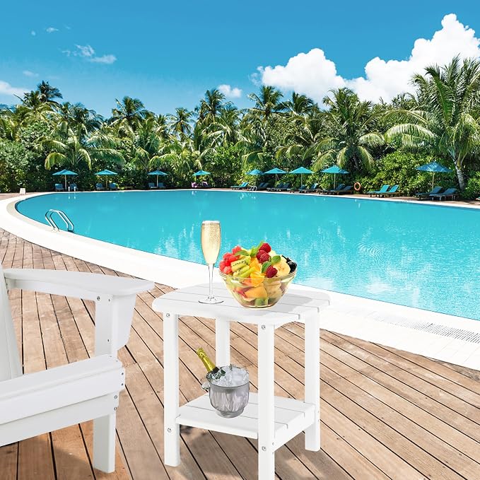 LZRS Double Adirondack Side Table, Outdoor Side Tables, End Tables for Patio, Backyard,Pool, Indoor Companion, Easy Maintenance & Weather Resistant(White)