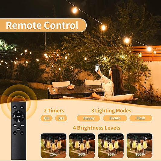 50ft LED String Lights with Remote, 25+1 Bulbs Dimmable String Lights for Outside, ST38 Patio Lights Outdoor Waterproof, Decorative Hanging Lights for Deck, Garden, Backyard