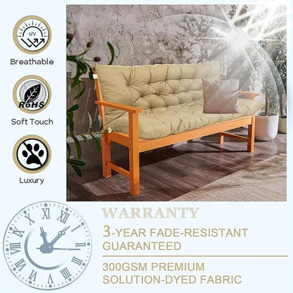 Outdoor Swing Cushions 3 Seater Waterproof, Replacement Bench Cushions for Outdoor Patio Furniture with Backrest, Porch Swing Cushion with Ties for Lawn and Garden (Beige, 40x71in)