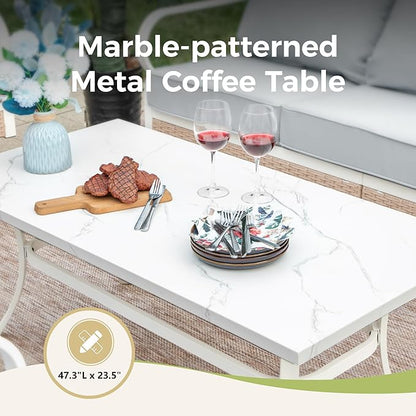 6 Piece Patio Furniture Set, 2 x Fixed Chair, 2 x Swivel Chair, 1 x 3-Seat Sofa with Marbling Coffee Table, 7 Seats Outdoor Conversation Set for Lawn Garden Backyard, Light Gray