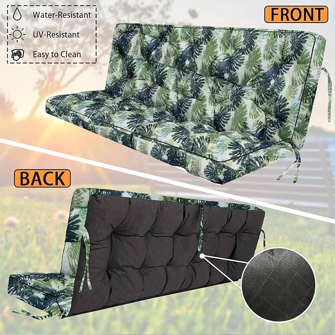 Swing Replacement Seat Cushions, 2-3 Seater Bench Cushions for Outdoor Furnitur with Backrest, Garden Recliner Seat Cushions Waterproof Sofa Pads (Palm Leaves, 63x40in)