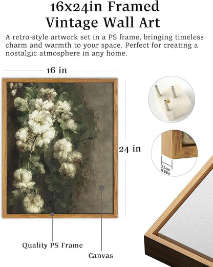 UPWOIGH 16x24 in Large Framed Wall Art, Cream White Roses Bouquet Oil Painting Canvas, Vintage Floral Botanical Still Life Print, Retro Moody Wall Decor for Living Room Bedroom, 1 Pack Gift