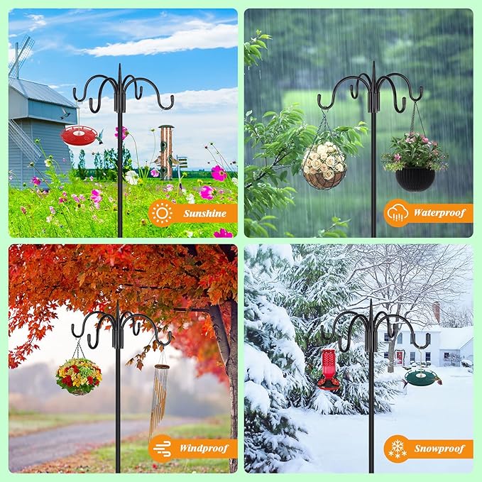 FEED GARDEN Heavy Duty Shepherds Hook Squirrel-Proof Bird Feeder Pole 92" Four Hooks 5-Prong Base & 19" Baffle for Outdoor Feeders & Plants