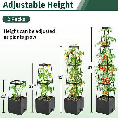 Tomato Planter with Trellis, 57 Inch Self-Watering Planter Box 2-Pack, Grey Planter with Metal Support for Outdoor Indoor Climbing Plants