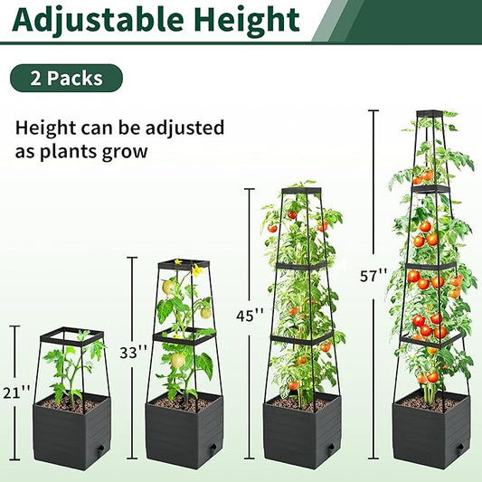 Tomato Planter with Trellis, 57 Inch Self-Watering Planter Box 2-Pack, Grey Planter with Metal Support for Outdoor Indoor Climbing Plants