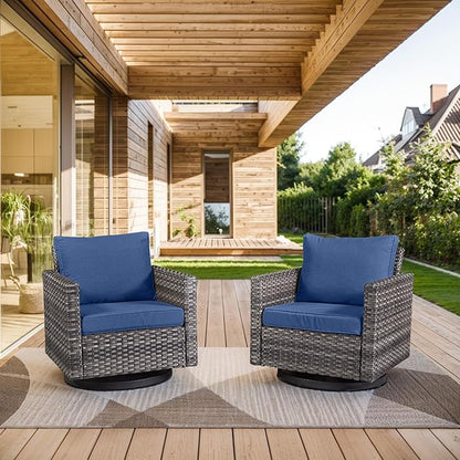 Outdoor Patio Swivel Rocker Chairs - Wicker Patio Swivel Rocking Chairs Set of 2 with Waterproof Wicker,Comfortable Cushions and Sturdy Metal Frame for Outside Porch Deck Backyard(Mixed Grey/Blue)