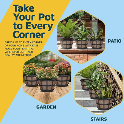 10-Inch Whiskey Barrel Planters Outdoor Pack of 25 - Durable Plastic Plant Pots for Indoor & Outdoor Use with Drainage & Saucer, Lightweight Rustic Barrel Planters for Flowers, Herbs & Small Plants