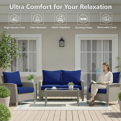 19x19 Inch Patio Chair Cushions Set of 4, Outdoor Furniture Cushions - Removable Cover, Water-Repellent, Fade-Resistant, Non-Slip Bottom & Straps, Replacement for Lawn, Porch & Deck Chair - Navy