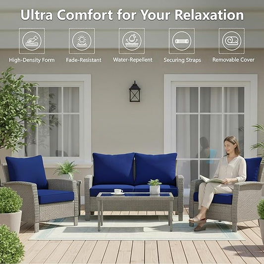 24x24 Inch Outdoor Chair Cushions Set of 4, Patio Furniture Cushions - Removable Cover, Water-Repellent, Fade-Resistant, Non-Slip Bottom & Straps, Replacement for Deep Seat Sofa & Couch - Navy