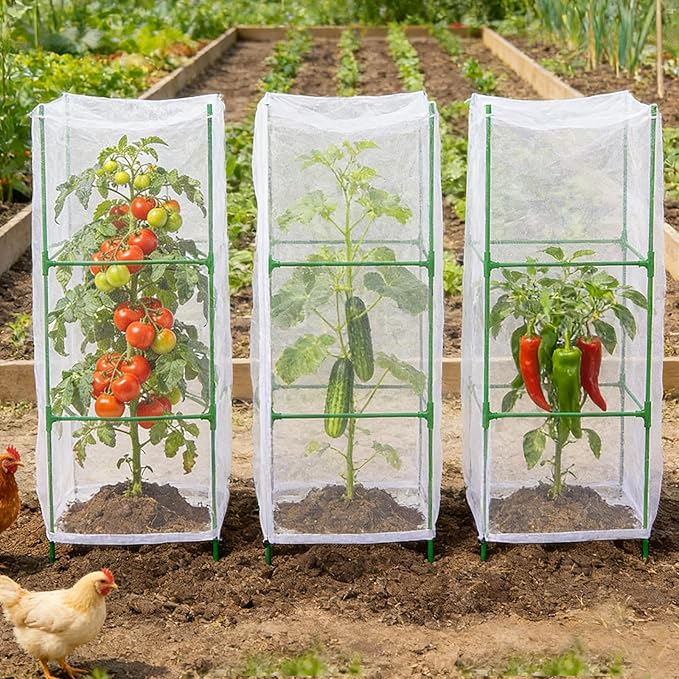 3 Pcs Garden Bird Netting Plant Cover for Square Tomato Cage, 55"×19.7" Garden Bird Insect Netting with Zipper & Drawstring Netting for Vertical Climbing Plants,Vegetable and Flower (No Cage)