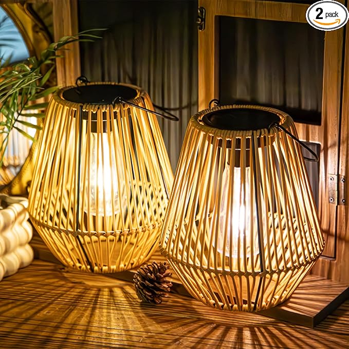 YAKii 2 Pack Solar Lantern Hanging Waterproof Outdoor Handmade Solar Lamp with Plastic Rattan Design Bohemian Style Decoration for Garden Yard Patio Porch Trees Lawn Pathway Decor