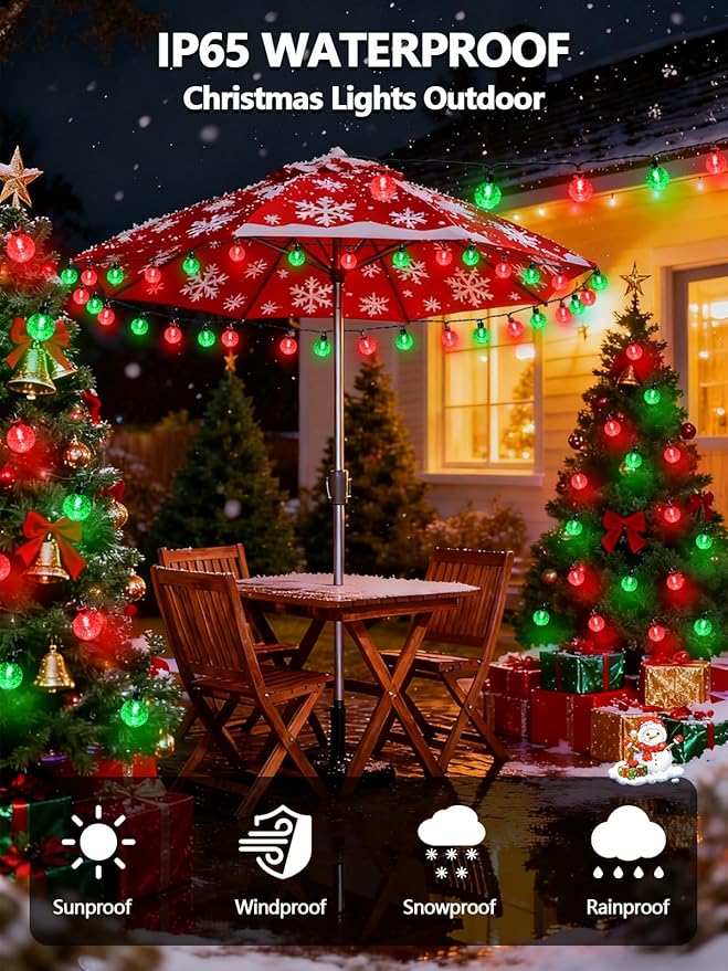 2-Pack 100 LED Red and Green Solar Christmas Lights Outdoor - 64FT Crystal Globe Waterproof Solar String Lights with 8 Lighting Modes for Christmas Decorations, Garden, Patio, Party, Porch