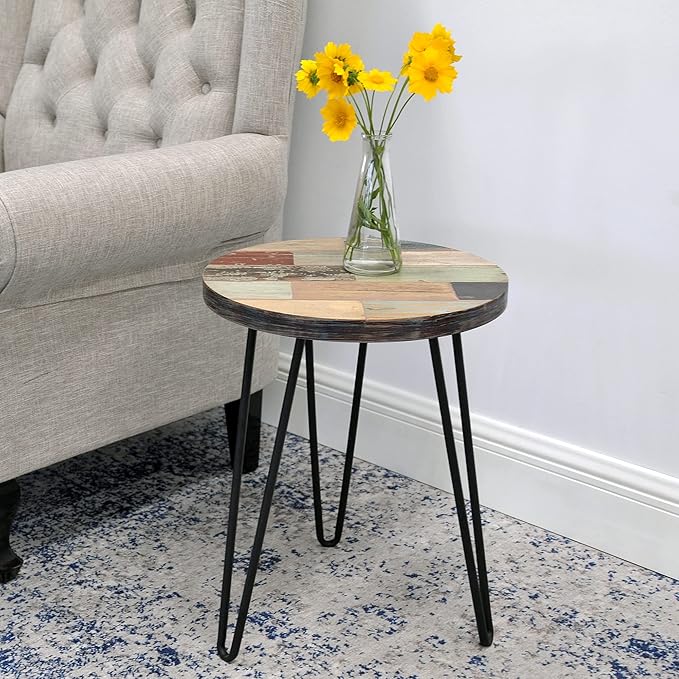 Reclaimed Wood Multi Color Side Table 17.5" x 17.5" x 20" H Wooden Accent Coffee Tables Round Vintage Rustic Plant Stand Outdoor Patio End Table Living Room Bedroom