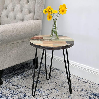 Reclaimed Wood Multi Color Side Table 17.5" x 17.5" x 20" H Wooden Accent Coffee Tables Round Vintage Rustic Plant Stand Outdoor Patio End Table Living Room Bedroom