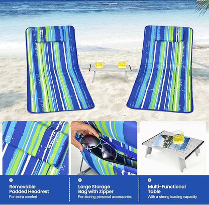 Giantex Beach Chairs for Adults 2 Pack Set with Side Table, 5 Position Adjustable Folding Lawn Chair for Sunbathing, Patio Chaise Lounge Lightweight Backpack Camping Chairs (Stripe)