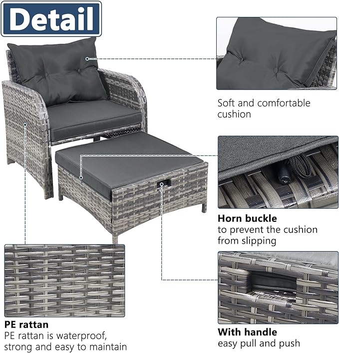 5 Pieces Wicker Outdoor Patio Chairs Set with Ottoman, Patio Furniture Set with Foot Rest Underneath, PE Rattan Garden Arm Chairs with Hidden Ottoman for Poolside Garden Balcony, Grey