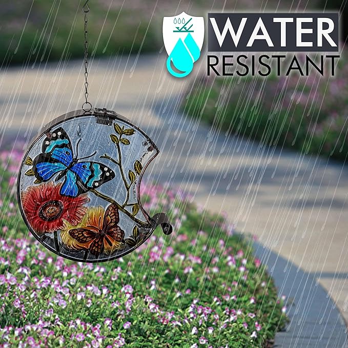 TERESA'S COLLECTIONS Solar Lantern for Outdoor,45 Ounces Metal Glass Bird Feeder with Solar Outdoor Lights,Waterproof Hanging Hummingbird Wild Birdfeeder for Garden Yard Lawn Decor, Decor