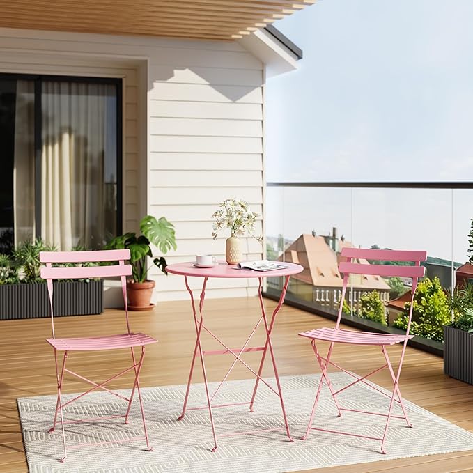 Premium Steel Frame Patio Bistro Set, 3-Piece Outdoor Folding Table and Chairs, Weather Resistant Conversation Sets of 2, Space Saving Patio Furniture for Backyard Balcony Porch Garden, Black (Pink)