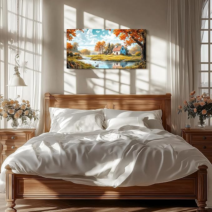 SERIMINO Nature Landscape Wall Art, Lakeside Farmhouse Canvas Large Artwork, Autumn Forest Cottage Scenic Wall Prints, Rustic Pictures Wall Decor Living Room Bedroom Bathroom Kitchen 20"X40"