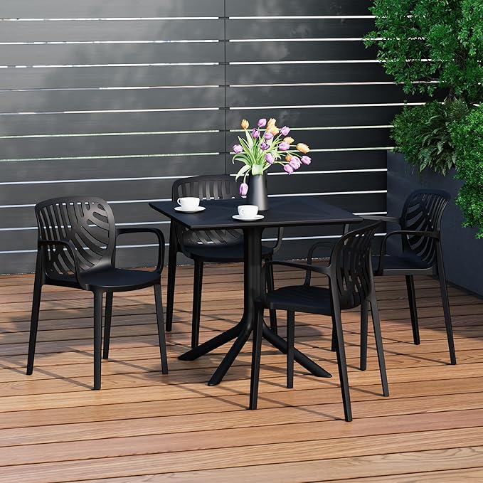 Costaelm Breakfast Table Set for 4, HDPE Patio Square Dining Table and Stackable Chairs, Outdoor Small Patio Furniture Set All Weather for Backyard Porch Poolside, Black