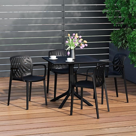 Costaelm Breakfast Table Set for 4, HDPE Patio Square Dining Table and Stackable Chairs, Outdoor Small Patio Furniture Set All Weather for Backyard Porch Poolside, Black