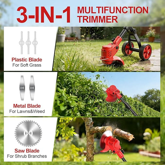 Cordless Weed Wacker with Wheels, 650W Electric Weed Trimmer, 2x2.0Ah 21V Battery Powered, 3 Types Blades Weed Eater Brush Cutter, String Trimmer Lawn Mower Edger Tool for Garden Yard