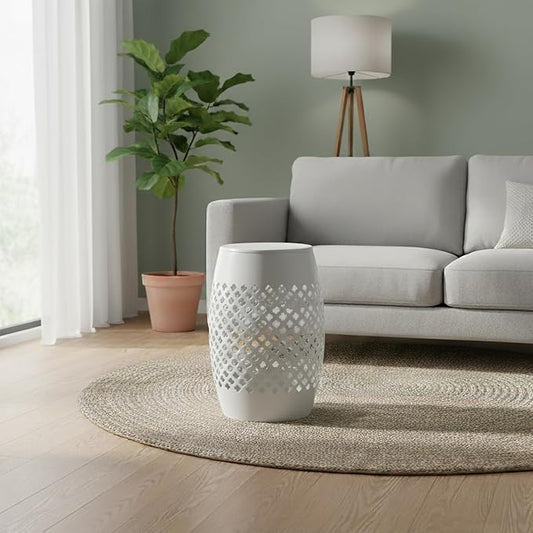 AC Pacific Outdoor Indoor Lace-Cut Iron Drum Side Table, Powder-Coated, Unique and Versatile Metal Pedestal Stand, Modern Contemporary Accent Piece, White