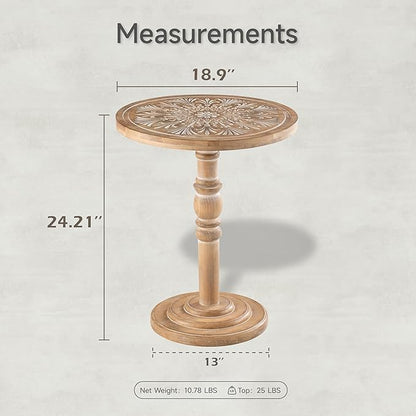 COZAYH Farmhouse Round Side Table with Carved Top, Rustic Pine Wood Pedestal Accent Table for Living Room, Bedroom, Distressed Finish, Natural Wood