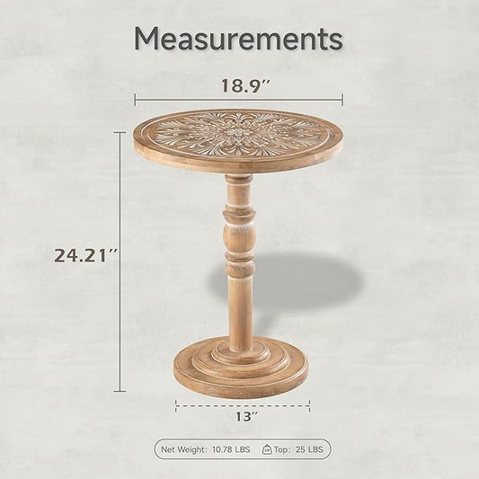 COZAYH Farmhouse Round Side Table with Carved Top, Rustic Pine Wood Pedestal Accent Table for Living Room, Bedroom, Distressed Finish, Natural Wood