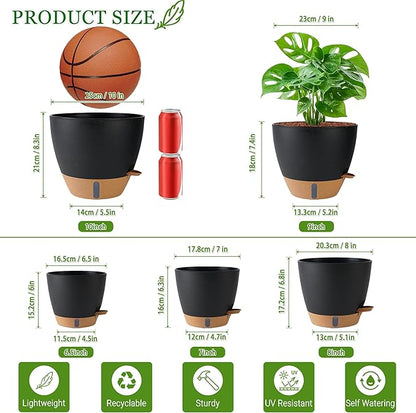 Self Watering Pots for Inoor Ourdoor Plants 10/9/8/7/6.5 Inch Plastic Planters with Drainage Holes & Water Level Indicator, Decorative House Flower Nursery Planting Pots with Saucers(Black)