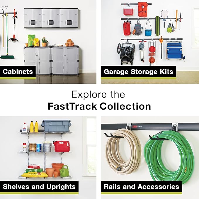Rubbermaid 24-Piece FastTrack Garage Wall-Mounted Storage Kit, 6 Rails and 18 Hooks, Black, for Home/House/Tool/Sports/Equipment/Utility Purposes