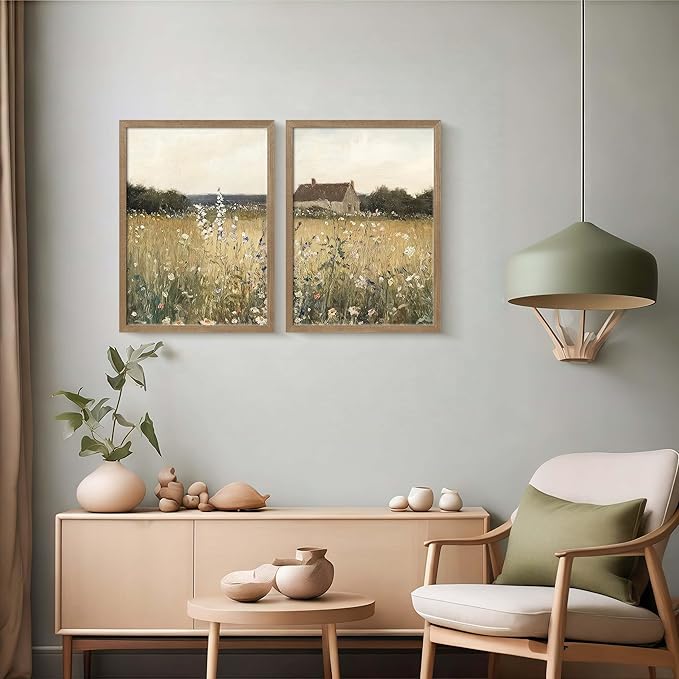 Two Framed Canvas Vintage Wildflower Wall Decor Country House and Wildflower Print Natural Botanical Landscape Wall Decor for Farmhouse Living Room or Bedroom 16x24 Inch