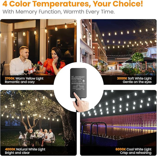 Kawaya Outdoor String Lights for Patio - ST38 Outside IP64 Waterproof Hanging Light with 2700k~6000k Dimmable - 100FT Led Edison Lights for Cafe Bistro Yard Gazebo Porch