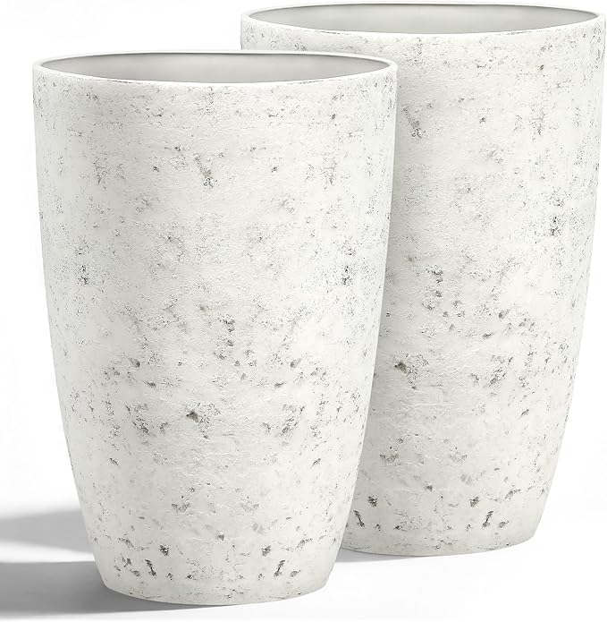 19.5"H Resin Tall Planters for Outdoor Indoor Use, 2-Pack Large Flower Pots, Weather-Resistant Plant Container for Garden Yard Porch or Home Décor, Handcrafted Birch Bark Texture, Country White