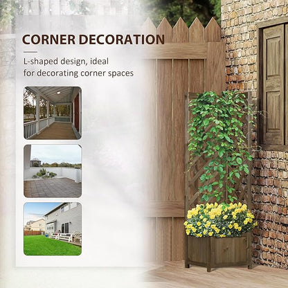 Outsunny Wooden Raised Garden Bed with Trellis, 57" Freestanding Corner Planter Box for Vine Plants Flowers Climbing and Planting Carbonized