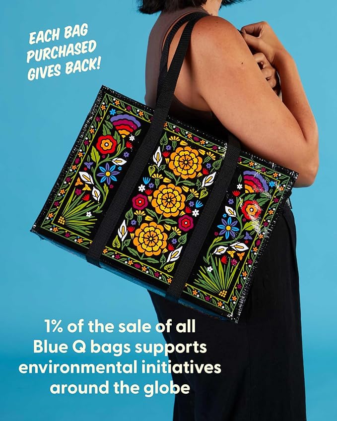 Blue Q Reusable Shoulder Tote Bag – Carry Everywhere Bag with a Hefty Zipper, Durable, Fun Design, 95% Recycled Material