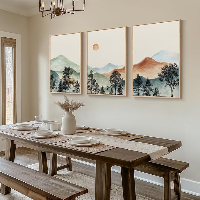 Framed Large Mountain Wall Art for Living Room, 3 Piece Boho Watercolor Landscape Artwork for Walls, Mid Century Modern Mountain Forest Sunset Scenic Canvas Prints for Office Hallway Decor, 24x36 Inch