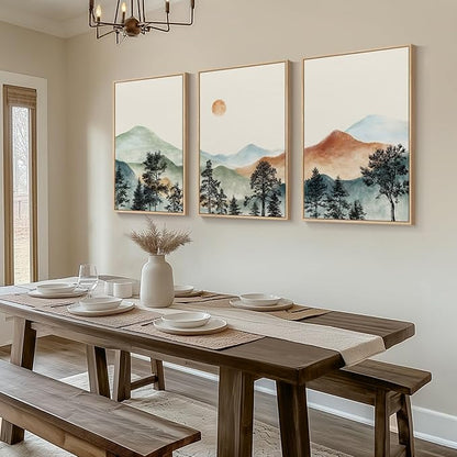 Framed Large Mountain Wall Art for Living Room, 3 Piece Boho Watercolor Landscape Artwork for Walls, Mid Century Modern Mountain Forest Sunset Scenic Canvas Prints for Office Hallway Decor, 24x36 Inch