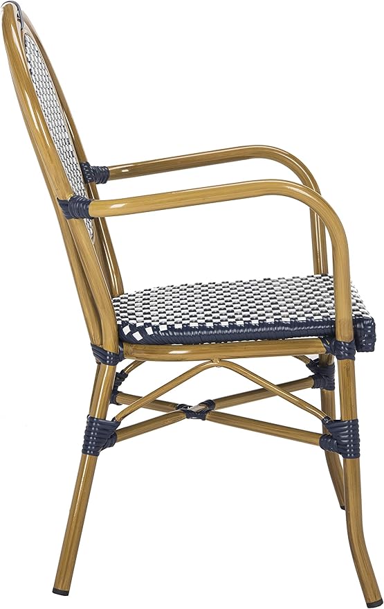 SAFAVIEH PAT4014A-SET2 Outdoor Collection Rosen Navy and White French Bistro Stacking Arm Chair