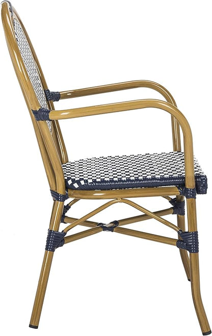 SAFAVIEH PAT4014A-SET2 Outdoor Collection Rosen Navy and White French Bistro Stacking Arm Chair